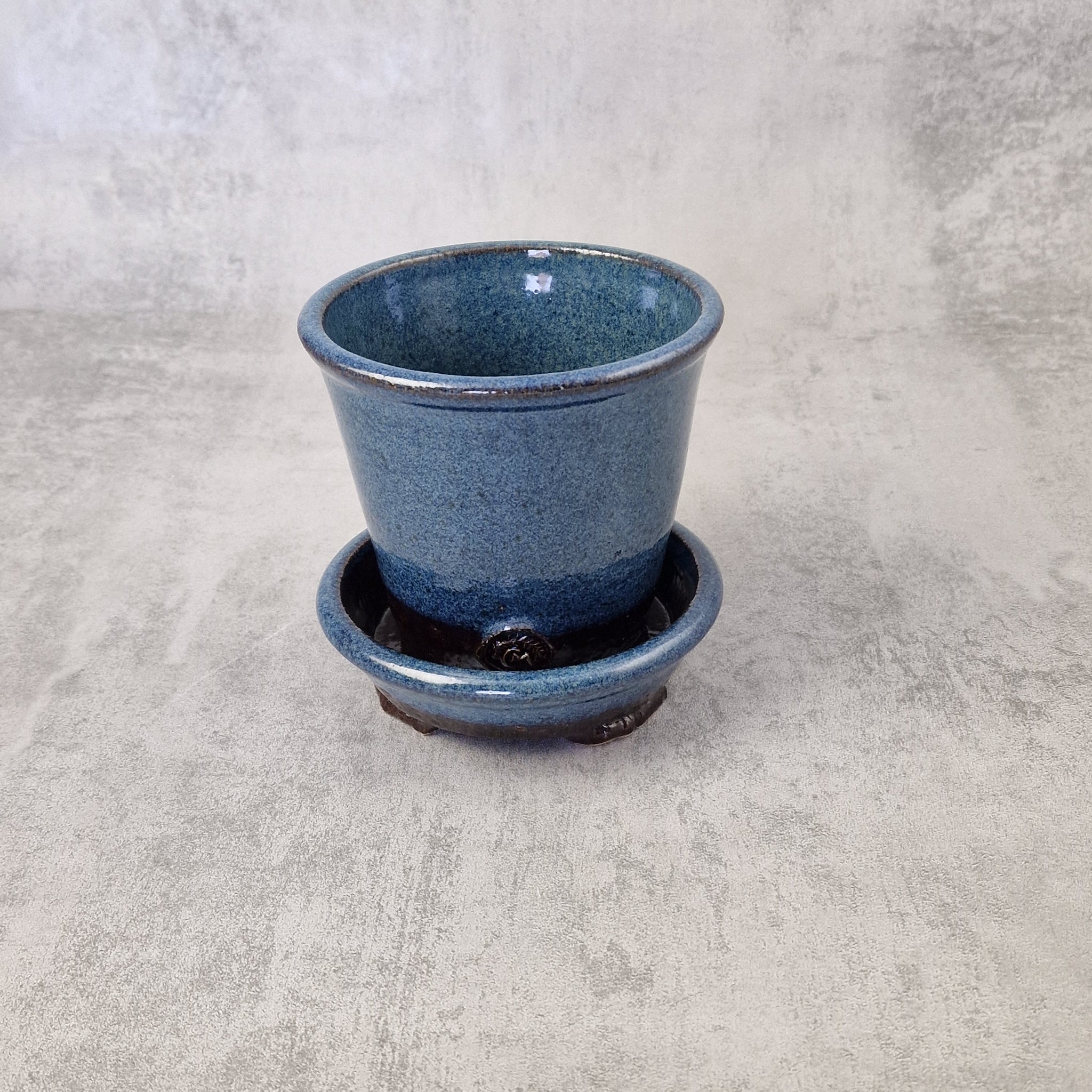 Blue Reactive & Tenmoku Flower Pot with Tray