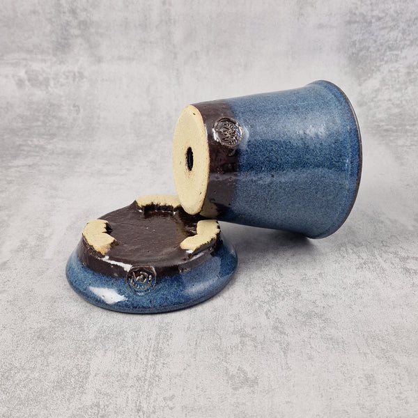 Blue Reactive & Tenmoku Flower Pot with Tray